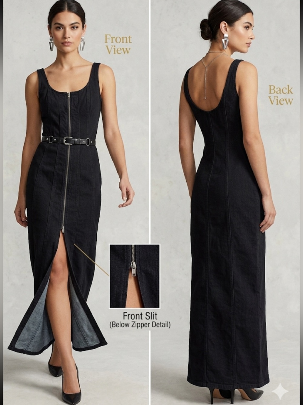 Women's Denim Black Zip-Front Maxi Dress with Front Slit (BELT NOT INCLUDED)